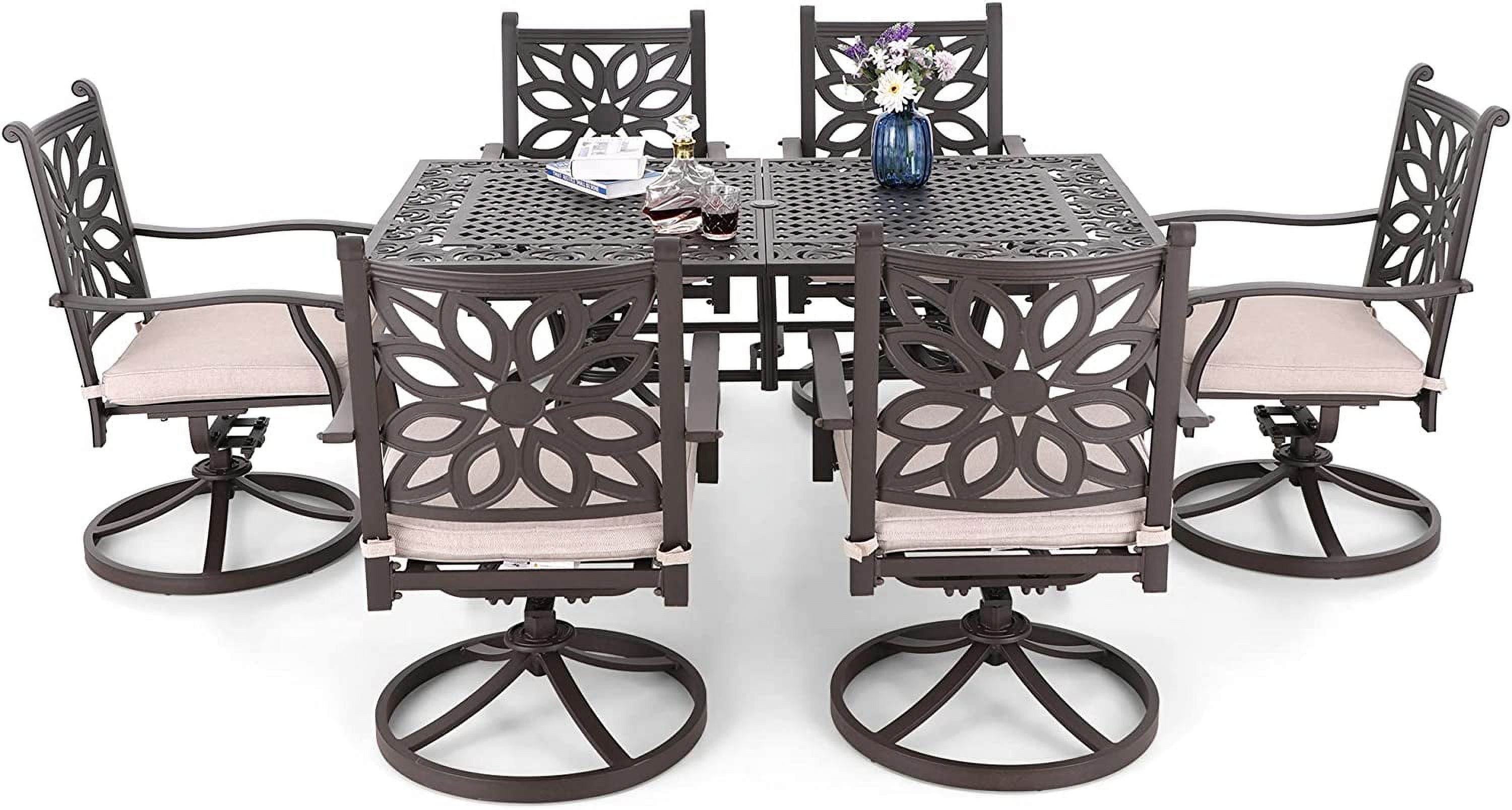 7 PCS Cast Aluminum Retro Design Patio Dining Set with 6 Swivel & Rock