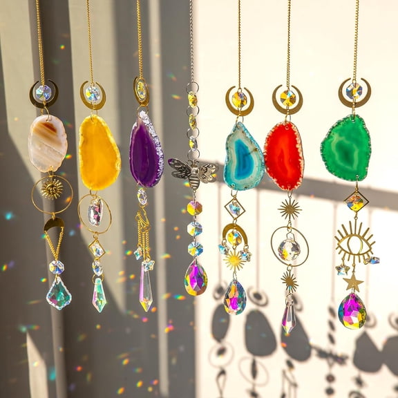 7 PCS Crystal Suncatcher, Hanging Suncatchers with Crystals Light, Sun Catchers Indoor Window Catcher with Prism Pendants Agate Slices,Tree of Life Crystal Suncatchers Indoor Outdoor Home Garden Deco