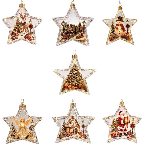 7 PCS Glowing Christmas Story Ornament - Light-Up Mini Holiday Scene with Warm LED Light - Christmas Tree Hanging Ornament for Home Party Decoration Gift