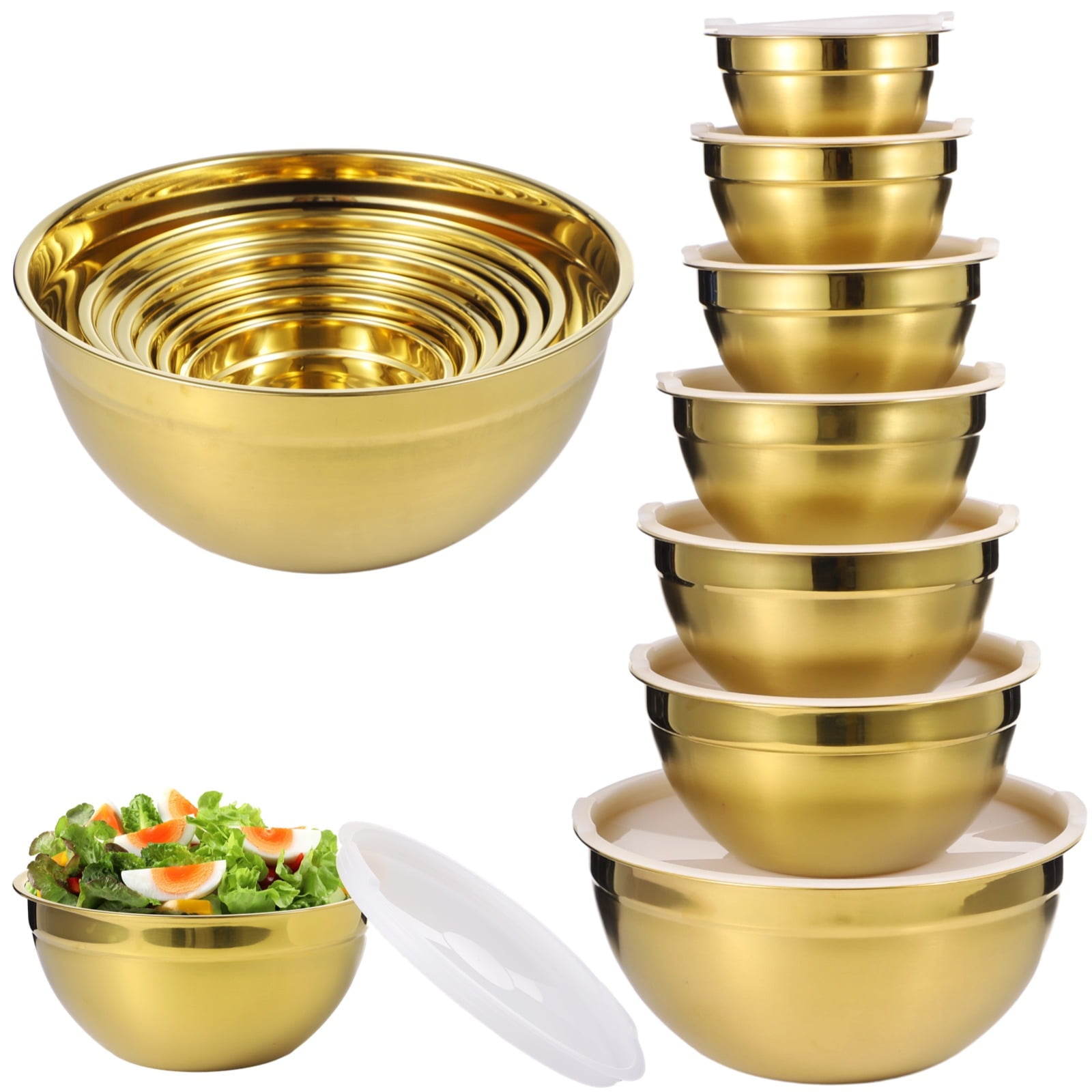 7-PC Golden Stainless Steel Mixing Bowl Set With Lids - Nesting Bowls 1.5 Qt To 6.9 Qt, Mirror Finish For Kitchen
