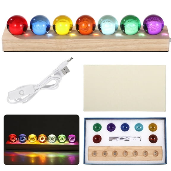 7 PCS Healing Crystal Spheres with LED Wooden Stand, 1.5 inch Colorful Glass Energy Balls Set with Geometric Carvings Inside, Meditation Decor & Ambient Night Light for Home Office