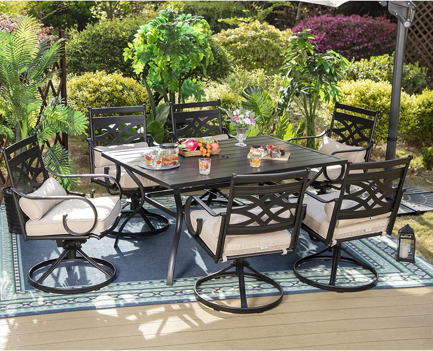 7 PCS Heavy Duty Metal Patio Dining Sets with 6 Swivel Chairs (Cushion Included) and 1