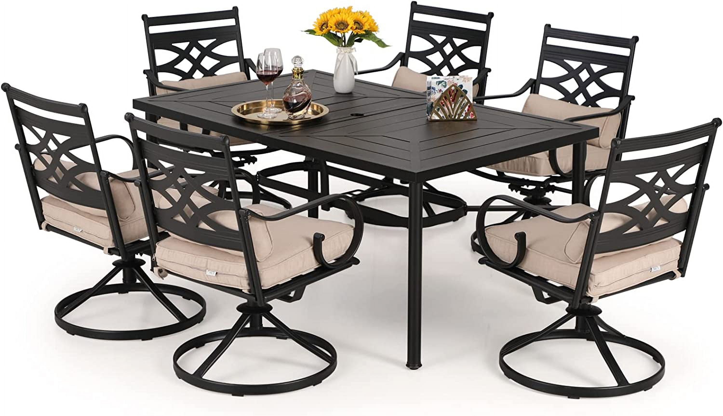 7 PCS Heavy Duty Metal Patio Dining Sets with 6 Swivel Chairs (Cushion Included) and 1