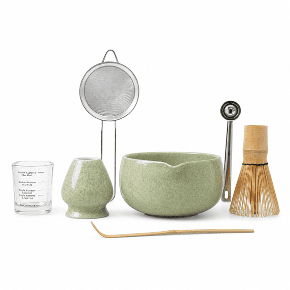 7 PCS Matcha Whisk Set With Bowl, Ceramic Matcha Set, Matcha Making Kit Includes Chasen Bamboo Whisk, Holder, Powder Sifter, Scoop, Measuring Spoon Tools-Mottled Green