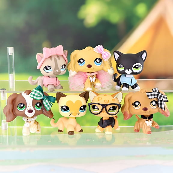 7 PCS Mini Pets Set Shorthair Cat Cocker Spaniel with Accessories Minilpsshop lps Cartoon Animal Figures Toys
