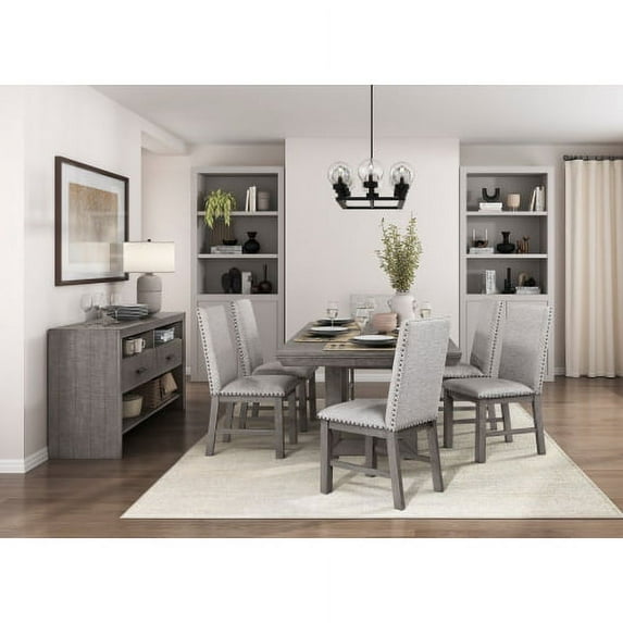 7 PCS Modern Rectangular Dining Table Set, Farmhouse Dining Extension Table with 6 Fabric Upholstered Chairs, Extendable Casual Wood Table Set Furiture for Living Room Dining Room, Gray