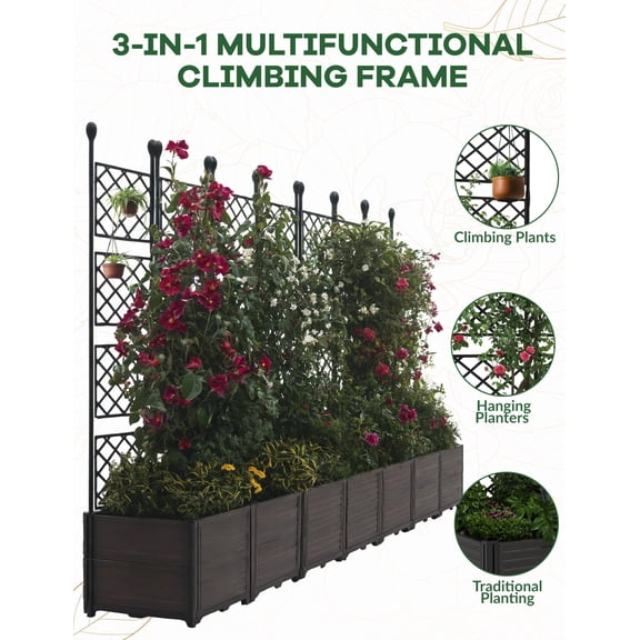 7 PCS Modular Raised Garden Bed with Metal Trellis & Privacy Screen Large Plastic Planter Box for Climbing Plants Outdoor Vertical Garden for Balcony, Patio, Backyard