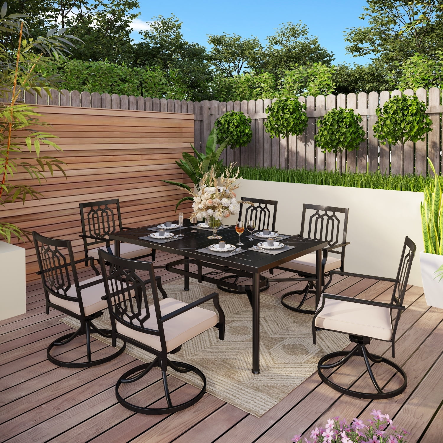 7 PCS Outdoor Patio Dining Set, 6 Steel Combo Dining Chairs(Fixed