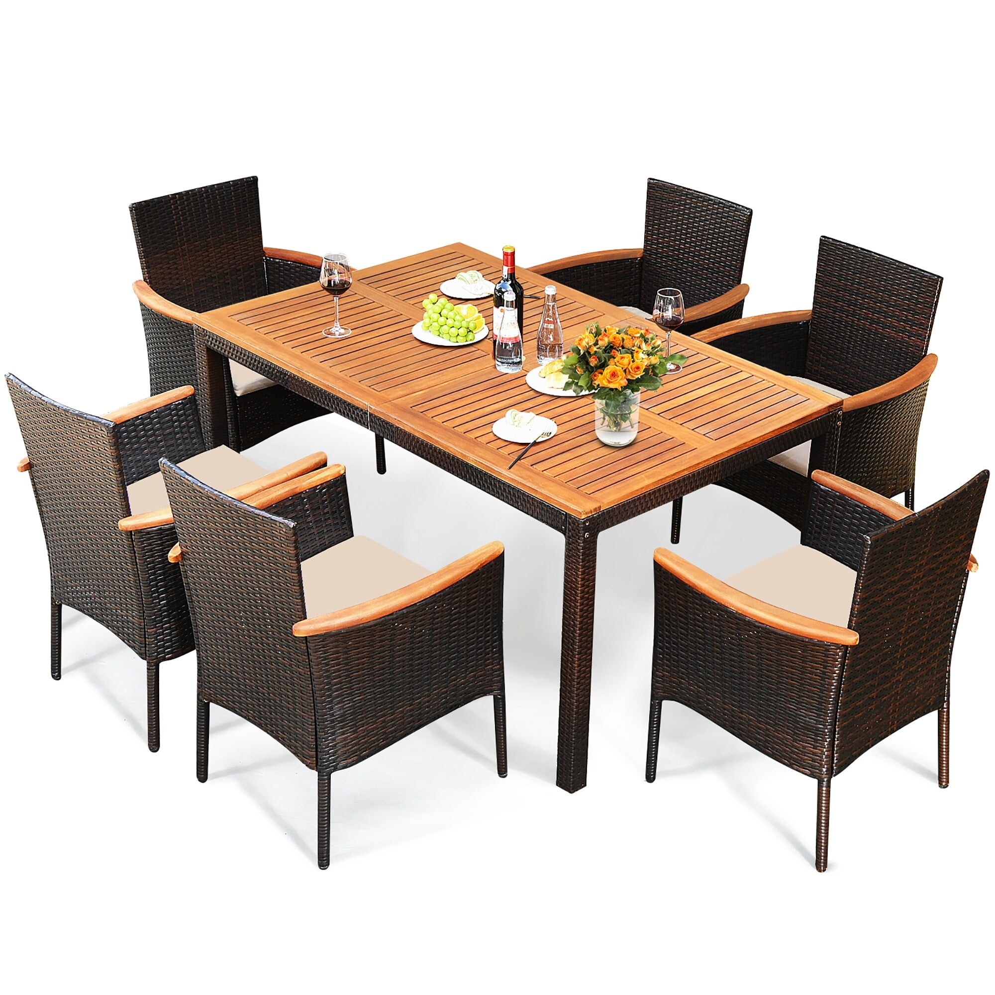 7-Piece Brown Rattan and Acacia Wood Outdoor Dining Set