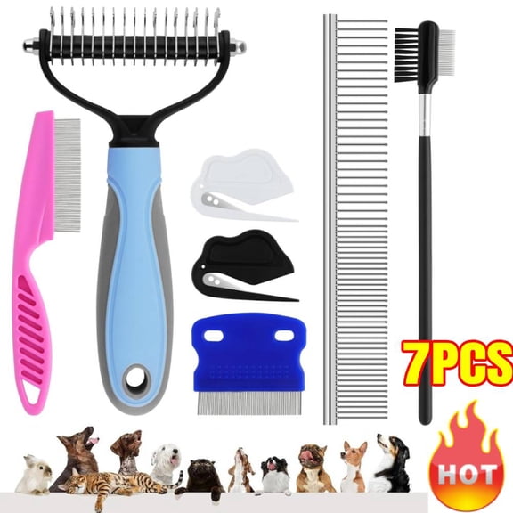 7 PCS Pets Grooming Brush Comb Kit,Double-Side Deshedding Dematting Dog Brush,Undercoat Rake,with Metal Comb,Flea Comb