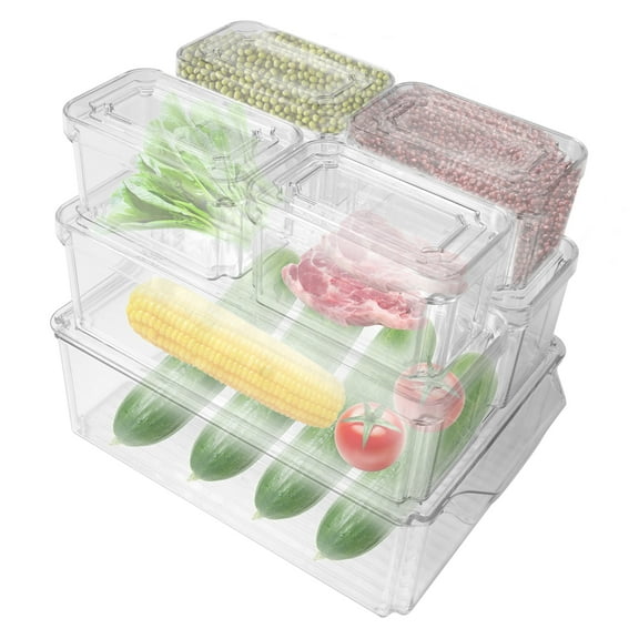 7 PCS Refrigerator Organizer Bins with Lids Food Containers with Various Size Stackable Storage Bins for Fridge, Countertop, Cabinets & Pantry