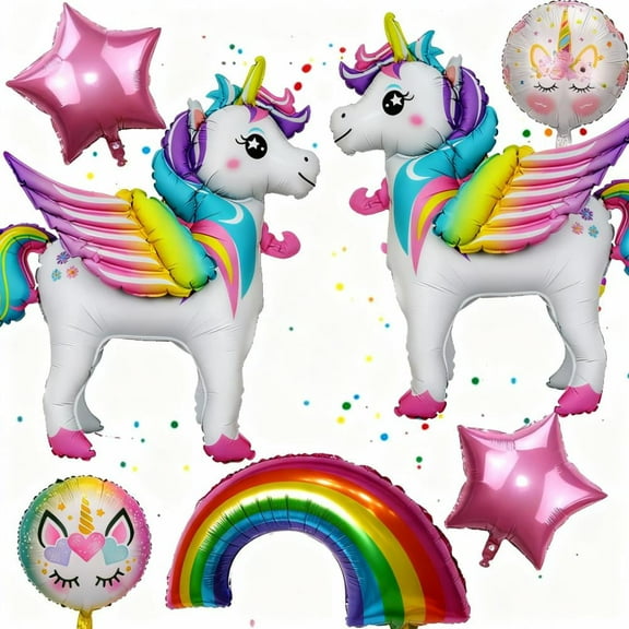 jQMUHLC 7 PCS Self Standing Unicorn Balloons Set with 3D Rainbow Pink Star Balloons Ideal for Unicorn Party Supplies Birthday Celebration Deco