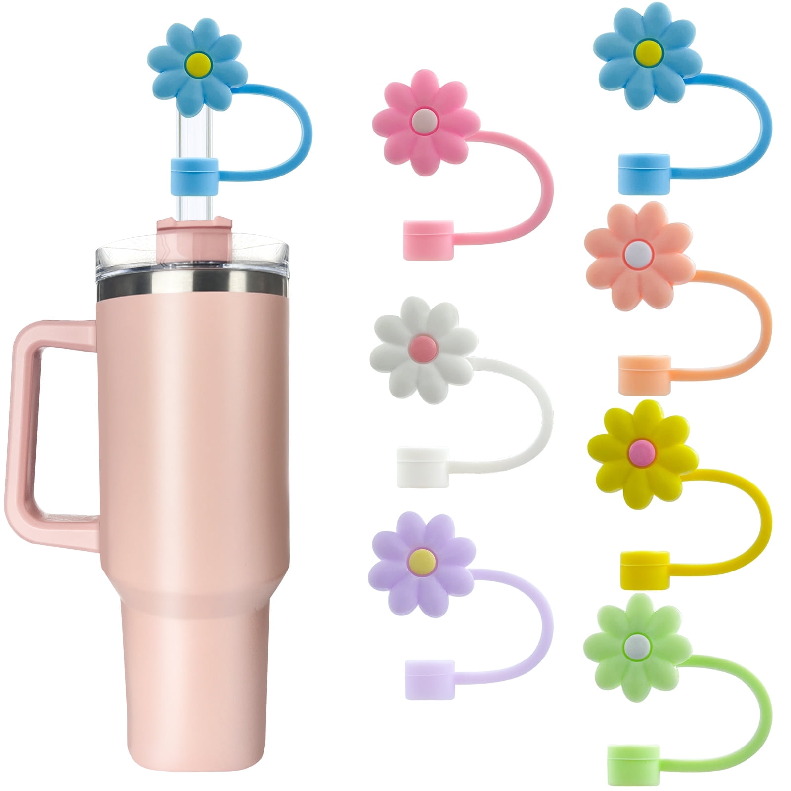 7 PCS Silicone Straw Covers Cap Compatible with Stanley 30&40 Oz Cup, 10mm Cute Flower Straw Toppers for Tumblers, Dust-Proof Drinking Straw Caps for Reusable Straws Tips Lids