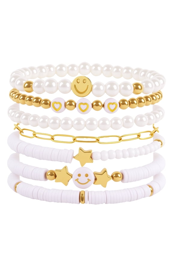 7 PCS Stretch Bracelets for Women, Adjustable Smile Star Charm Jewelry Set, Bohemian Friendship Gift for Gils Teens