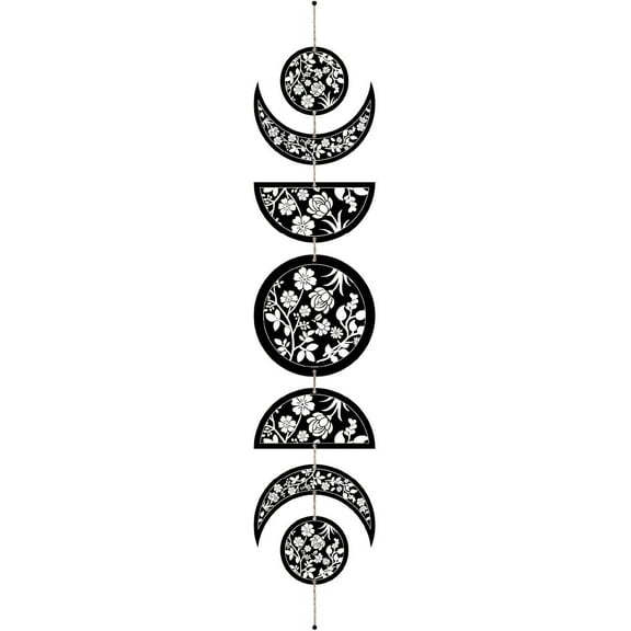 7 PCs Wooden Moon Phase Wall Hanging Boho Decor Witchy Wall Art Decor Set Rustic Vintage Room Decoration Engraved Flowers Cycle Aesthetic with Cotton Thread for Home Store 6.3x37.1 Inch