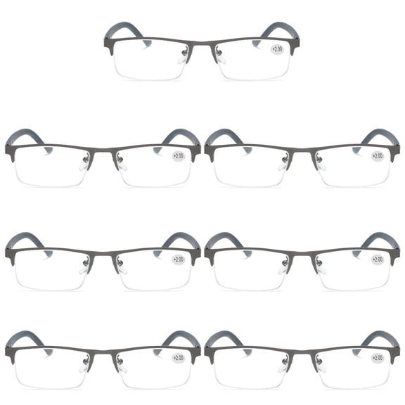 7 PK Men's Blue Light Blocking Reading Glasses - Rectangular Metal Half-Frame - Spring Hinge Readers +0.75
