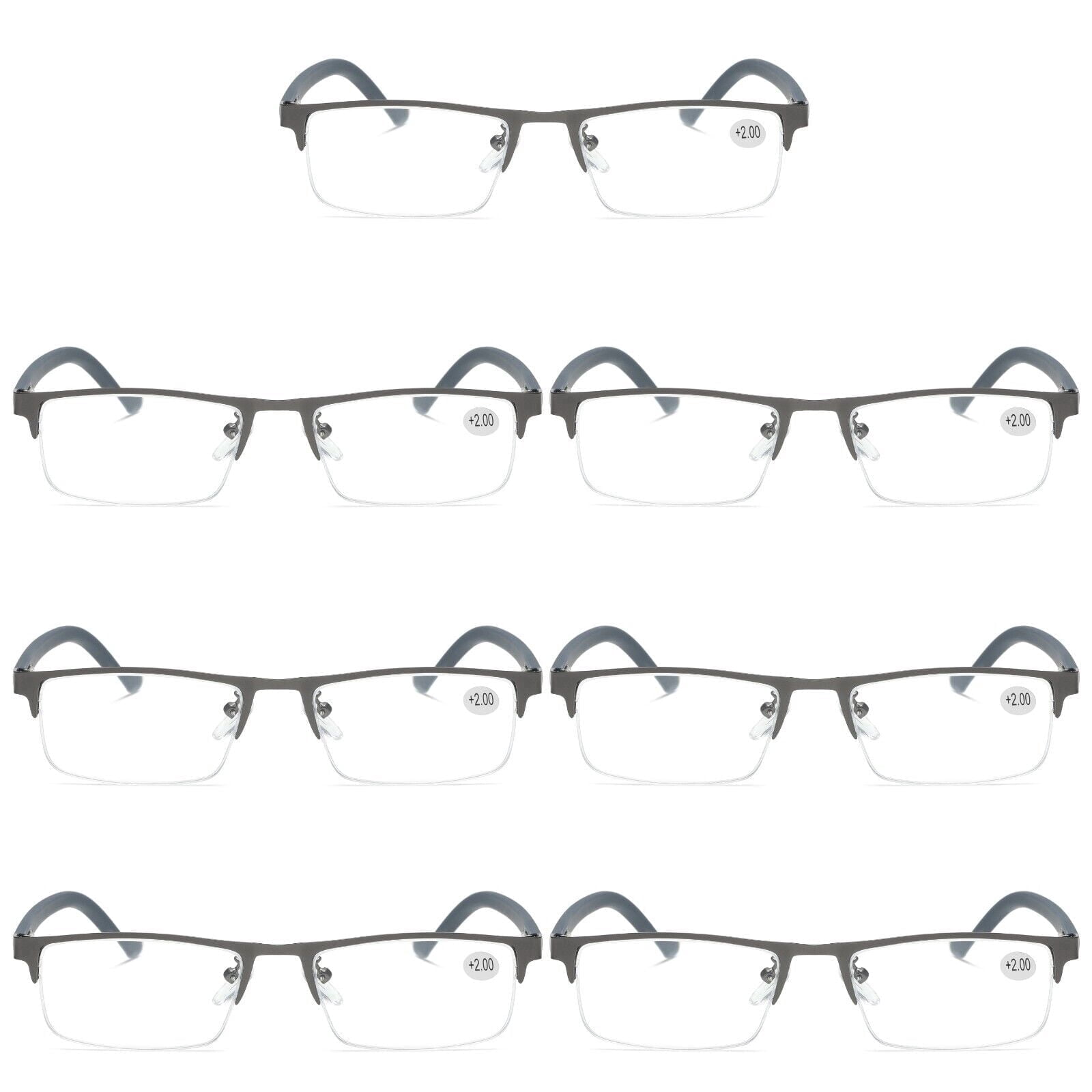 7 PK Men's Blue Light Blocking Reading Glasses - Rectangular Metal Half-Frame - Spring Hinge Readers