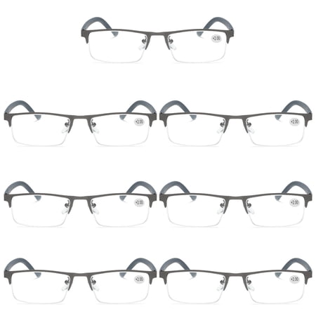 7 PK Men's Blue Light Blocking Reading Glasses - Rectangular Metal Half-Frame - Spring Hinge Readers +2.00