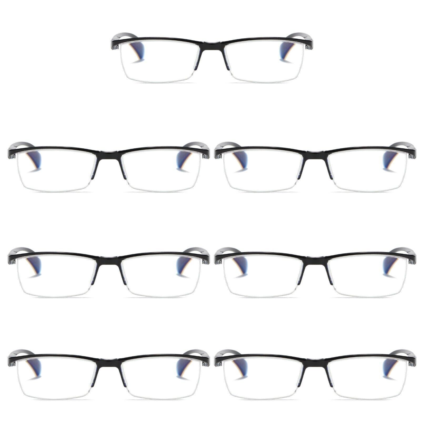 7 PK Mens Reading Glasses Readers - Rectangular Half-Frame - Lightweight & Spring Hinge - Block Harmful Blue Light +1.25