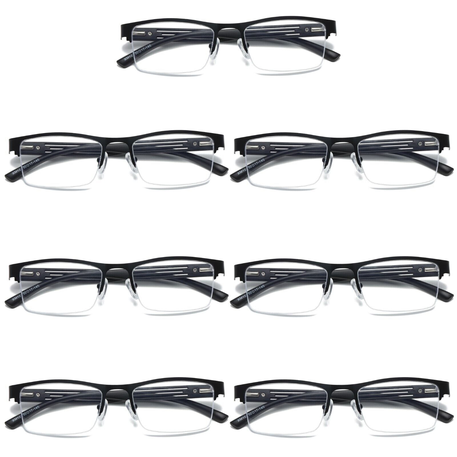 7 PK Mens Reading Glasses Spring Hinge - Square Metal Half-Frame - Blue Light Blocker Readers +2.00