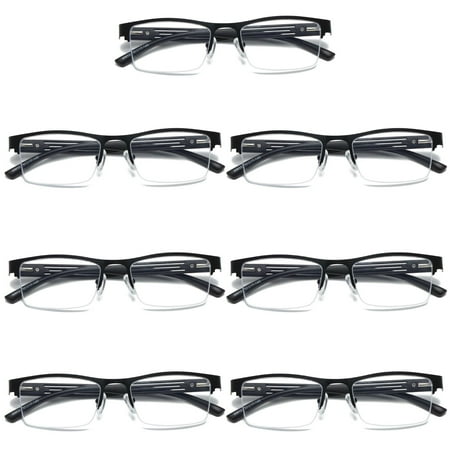 7 PK Mens Reading Glasses Spring Hinge - Square Metal Half-Frame - Blue Light Blocker Readers +2.50