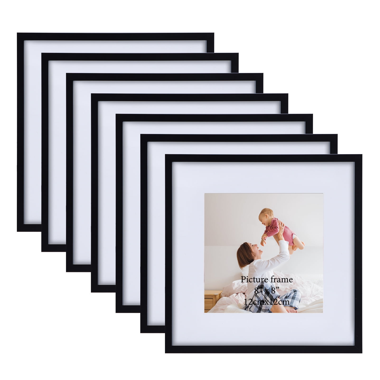 7 Pack 12x12 Picture Frames without Mat or 8x8 Photo Frame with Mat,  Classic 12 by 12 Photo Frame for Wall Mount or Tabletop,Black