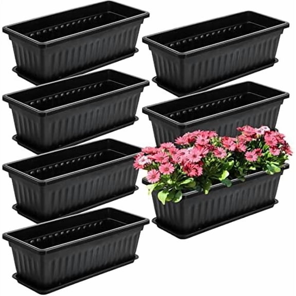 7 Pack 17 Inches Flower Window Box Plastic Vegetable Planters with Trays Vegetables Growing Container Garden Flower Plant Pot with 7 Pcs Plant Labels for Balcony, Patio, Garden, Black