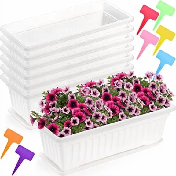 7 Pack 17 Inches White Flower Window Box Plastic Vegetable Planters with Trays Vegetables Growing Container Garden Flower Plant Pot for Balcony, Window Sill, Patio, Garden, White
