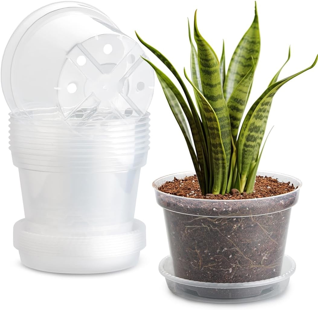 7 Pack 8 Inch Clear Nursery Pots with Saucer, Transparent Plastic Plant ...