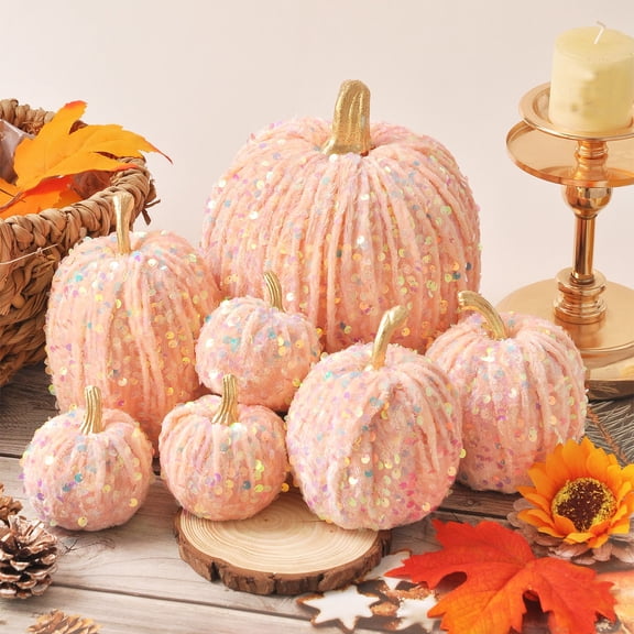 7 Pack Artificial Sequin Pumpkin Decorations, Glitter Foam Pumpkins Assorted Sizes for Fall Harvest Thanksgiving Halloween Tabletop Centerpiece Mantel Shelf