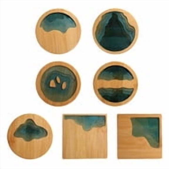 7 Pack Bamboo Resin Landscape Coasters 3.54in Square & Round Heat Resistant