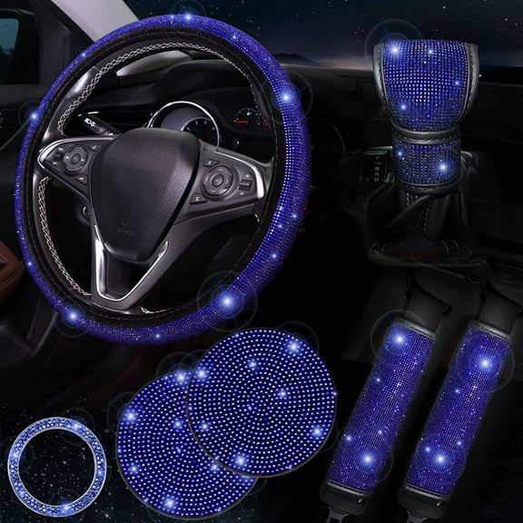 7 Pack Bling Car Accessories Set for Women, Diamond Steering Wheel Cover Set 15 Inch, Seat Belt Pad, Stick Shift Cover, Push Start Button Bling Ring, Car Coasters, Blue