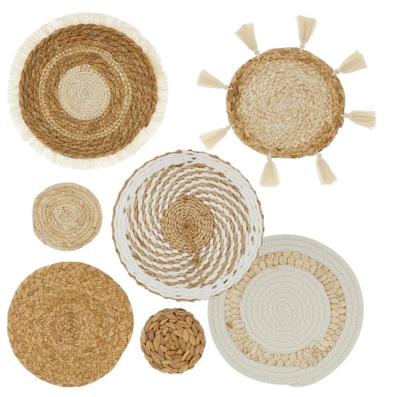 7 Pack Boho Wall Basket Decor Seagrass Rattan Wicker Wall Decor Hanging Woven Wall Basket Decor Round Hanging Rustic Flat Elegant Wall Art for Farmhouse Bedroom Living Room Display