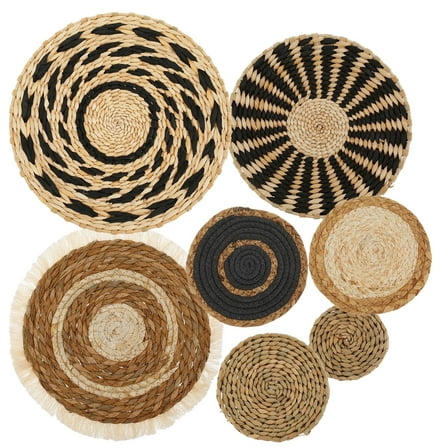 7 Pack Boho Wall Basket Decor - Seagrass Rattan Wicker Wall Decor Round Handmade Hanging Rustic Flat Elegant Wall Art for Farmhouse Living Rooms Bedrooms Display Table Settings Kitchen Home