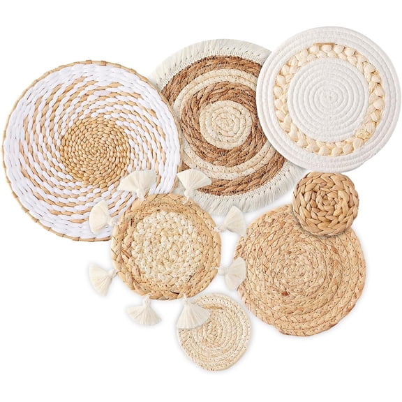 7 Pack Boho Wall Decor, Rattan Wicker Home Decor Boho Wall Art Set Handmade Hanging Rustic Flat Farmhouse Decor for Living Rooms Bedrooms Kitchen