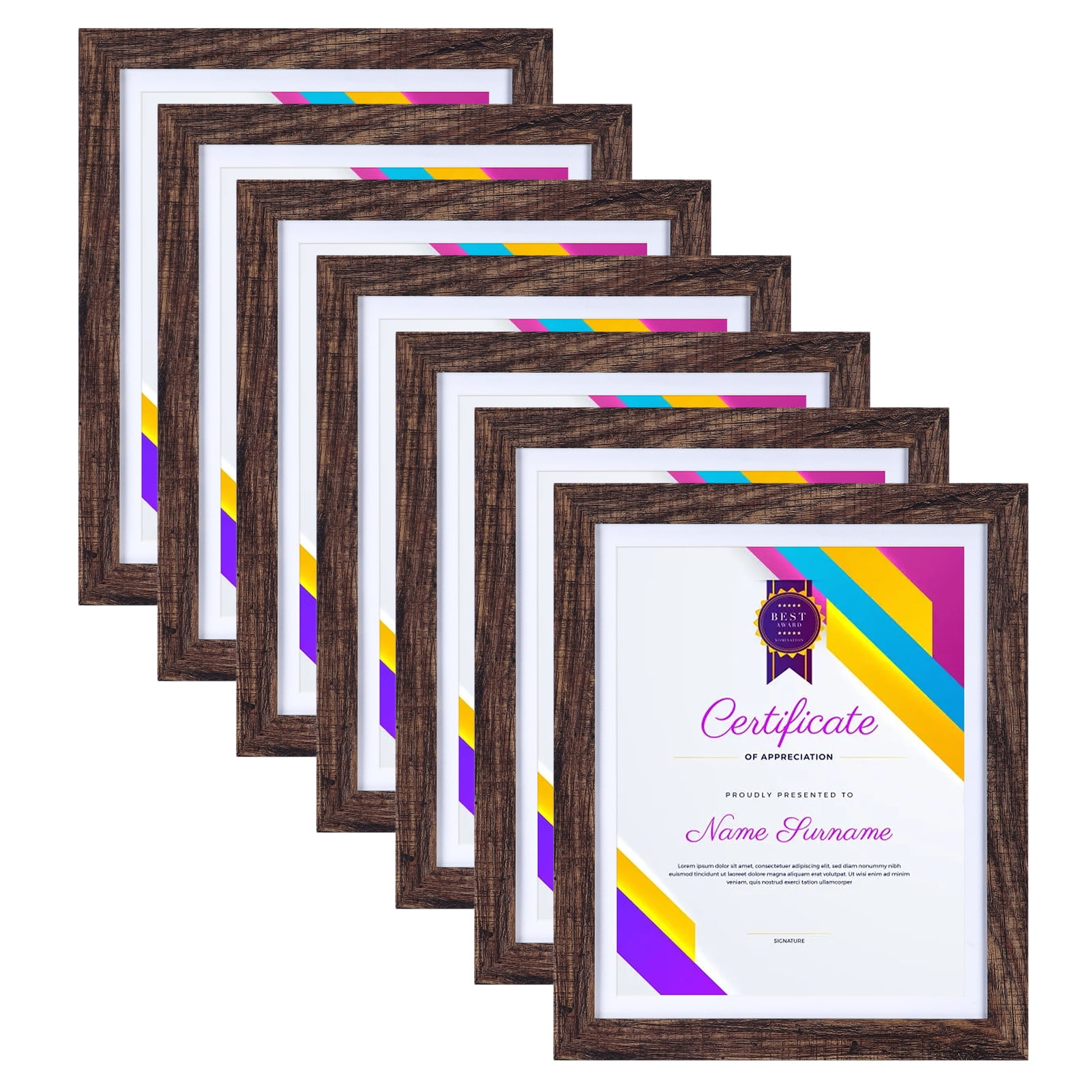 7 Pack Brown 8.5 x 11 Picture Frames, 9.5x12 Frames Matted to 8.5x11