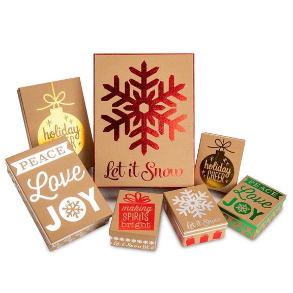 7 Pack Christmas Gift Boxes with Lids Kraft Nesting Square Box Set in Assorted Designs for Holiday Birthday Wedding Present