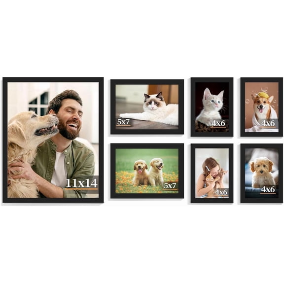 7 Pack Collage Picture Frames, Gallery Wall Frame Set with One 11x14, Two 5x7, and Four 4x6, Multiple Photo Frames for Wall Gallery Decor, Black