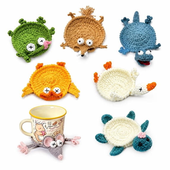 7 Pack Crochet Pop Up Animal Coasters with Holder, Absorbent Handmade ...