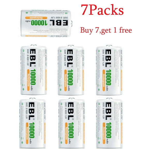7 Pack D Size Cell Rechargeable Batteries 10000mAh 1.2V Ni-Mh D Size Batteries(Buy 7,get 1 free)