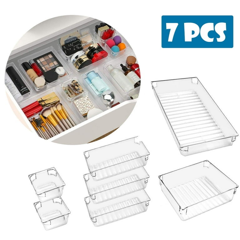 4 PCS Stackable Drawer Organizer Large Size Plastic Drawer Organizers Set,  Bathroom Trays Desk Drawer Divider Organizers and Storage Bins for Makeup