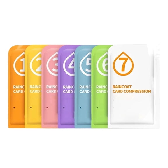 7-Pack Disposable Rain Poncho Set - Emergency Raincoats, Ultra-Compact Credit Card Size, 7 Colors, with Hood, Lightweight PE, for Travel, Hiking, Concerts