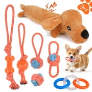 7 Pack Dog Chew Toys Puppy Toys, 3-Ring Tuff Tug Dog Toy, Plush Dog Squeak Toy, Teething Dog Rope Toys, for Puppies Small Medium Dogs