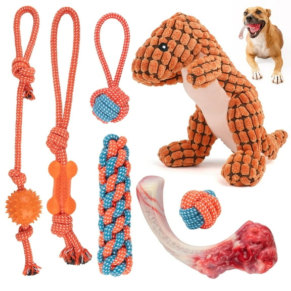 7 Pack Dog Toys for Aggressive Chewers, Tough Indestructible Dog Chew Bone, Plush Dog Squeak Toy, Teething Dog Rope Toys, for Puppies Small Medium Dogs