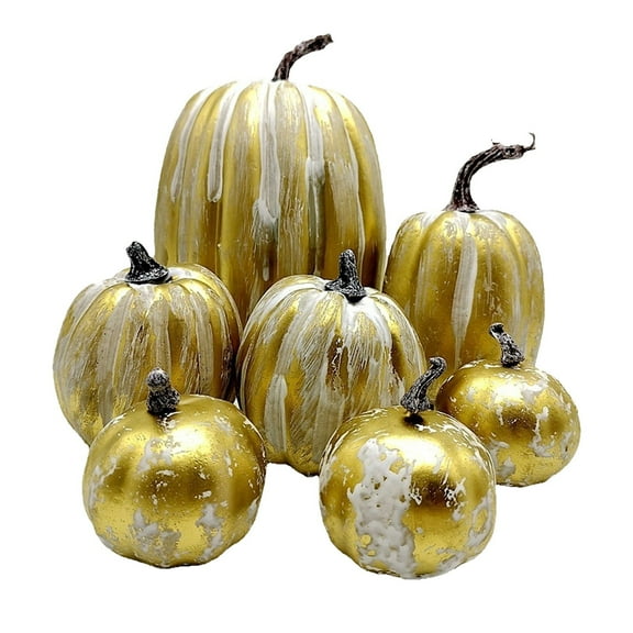 7 Pack Frosted Artificial Gold Pumpkin Decor Set, Paintable DIY Design Weather Resistant Reusable Simulation Ornament, Fall Pumpkin Prop for Table Wreath Halloween Thanksgiving Wedding Layout