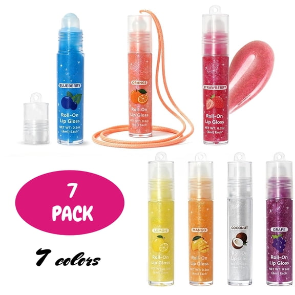 7 Pack Fruit Scented Roll On Shimmer Lip Gloss Necklace Set, 6ml Each for Girls Teens Women