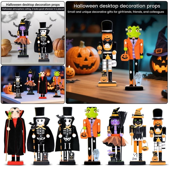 7-Pack Halloween Wooden Nutcracker Figurines, Vampire Skeleton Frankenstein Witch Black Cat Pumpkin Hand Painted Nutcracker Set, Spooky Season Tabletop Mantel Decor & Halloween Party Gift