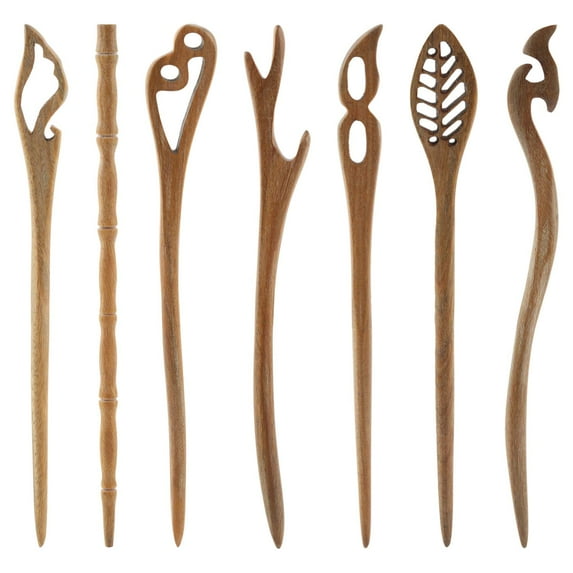 7 Pack Handmade Chinese Brown Sandalwood Hair Sticks Carved Long Fork Pen Shawl Pins Sticks Wooden Chopsticks for Hair Hairpins Clips Barrettes for Bun Chignon Elegant Decorative Hair Holder Bulk