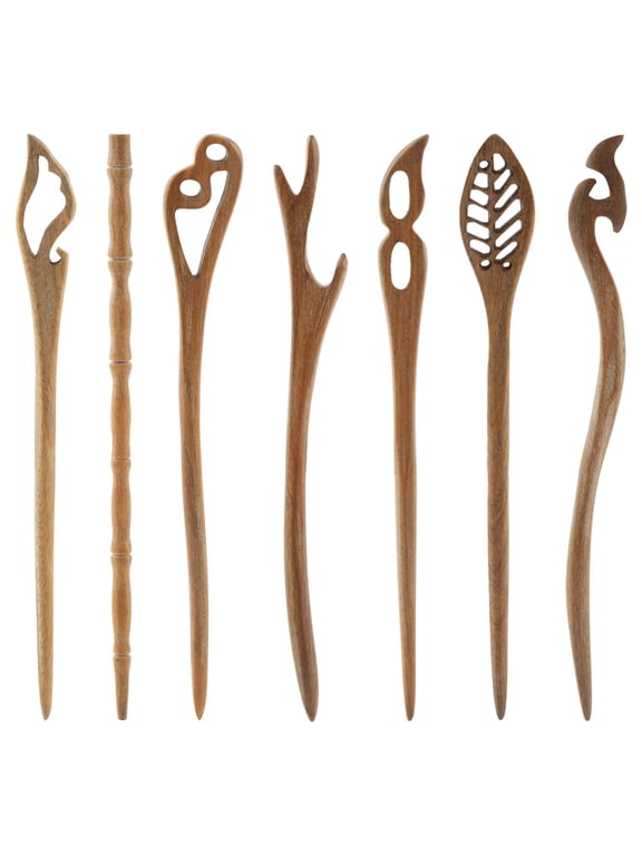 7 Pack Handmade Chinese Brown Sandalwood Hair Sticks Carved Long Fork Pen Shawl Pins Sticks Wooden Chopsticks for Hair Hairpins Clips Barrettes for Bun Chignon Elegant Decorative Hair Holder Bulk