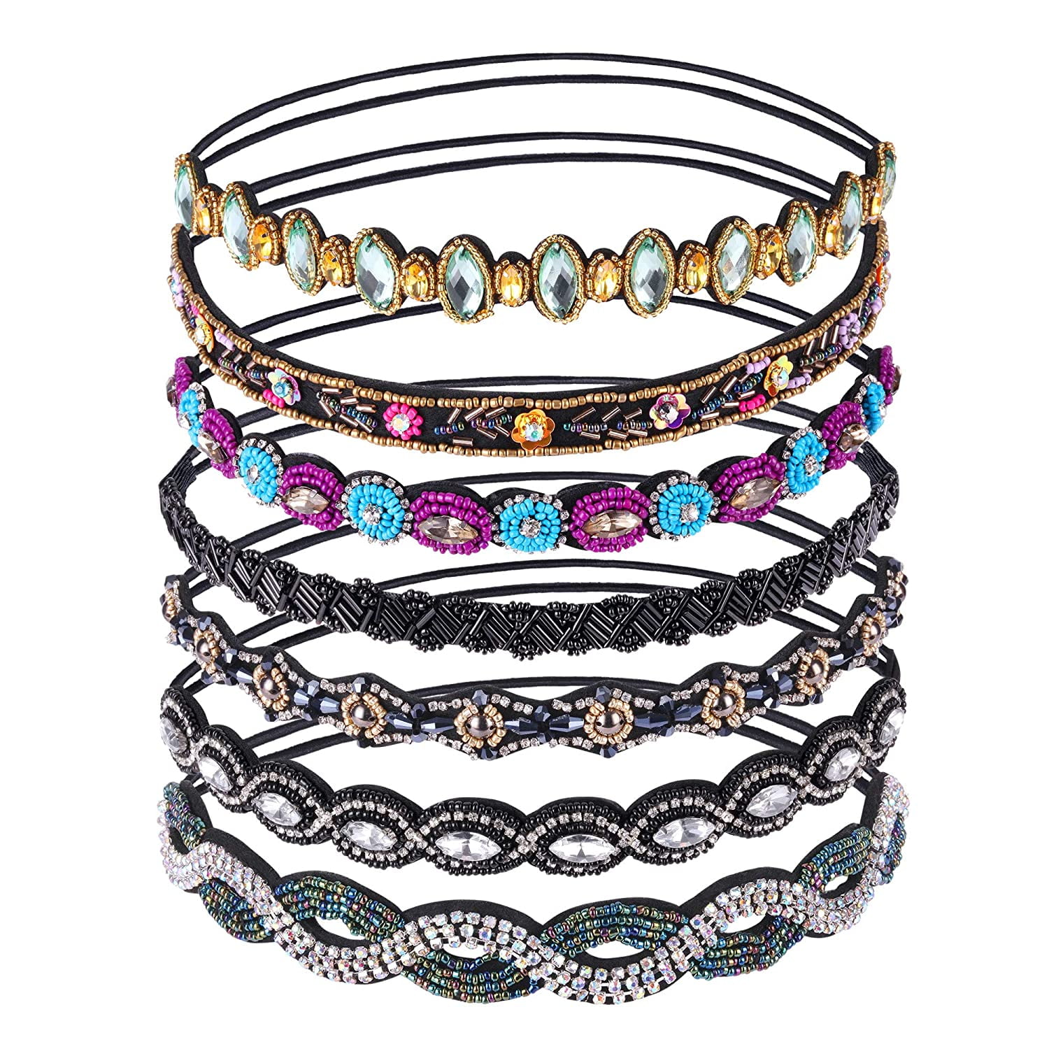 7 Pack Handmade Rhinestone Crystal Beaded Elastic Headbands  display picture 2